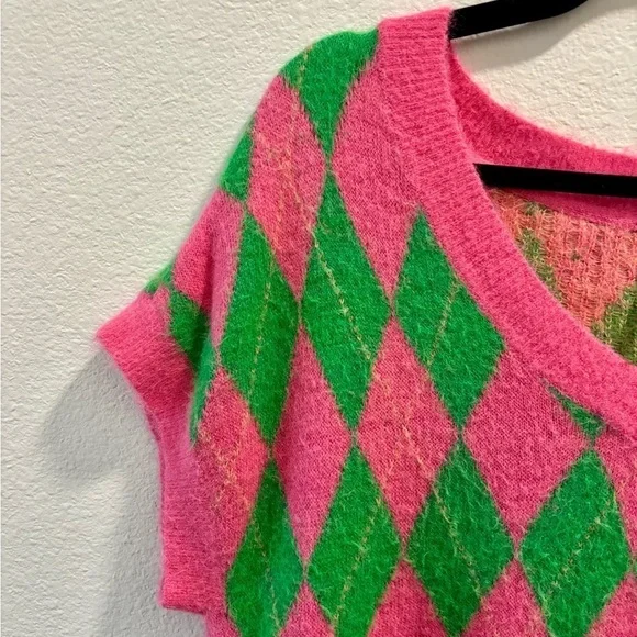 Free People Through The Motions Argyle Sweater Vest, pink + green, size S - Picture 3 of 7